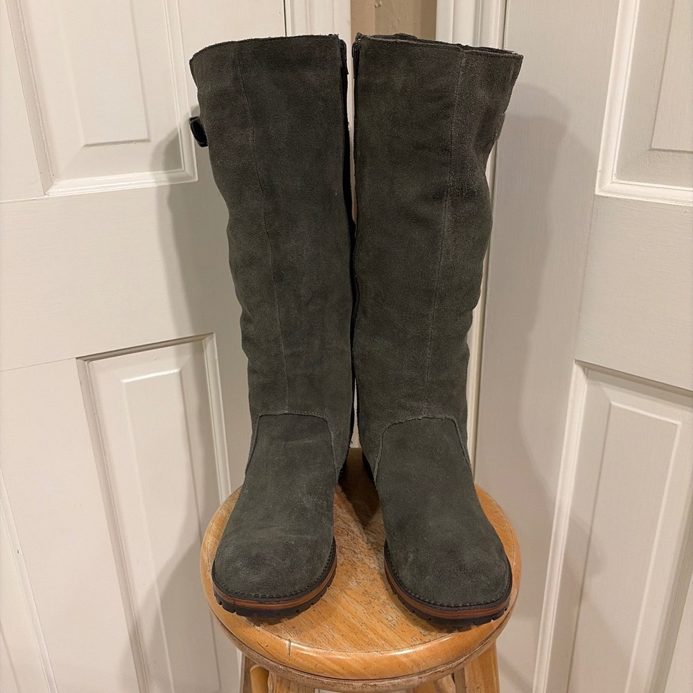 Merona Womens Tall Suede Riding Boots Gray 11 Lug Sole Buckle Detail